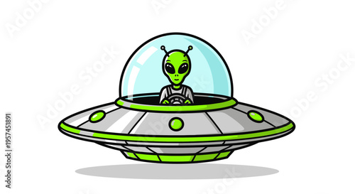 Cartoon alien in a flying saucer spaceship vehicle