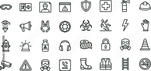 Workplace safety outline icon set featuring hazard protection emergency equipment interface symbols for occupational health and safety applications