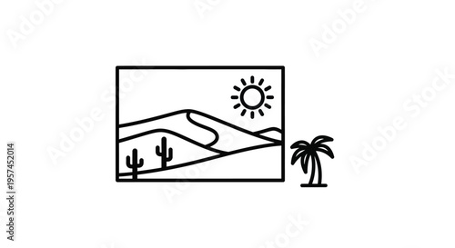 Line art depiction of a desert landscape with a palm tree