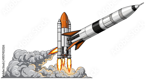 Cartoon rocket launching into space with smoke and flames isolated on white background