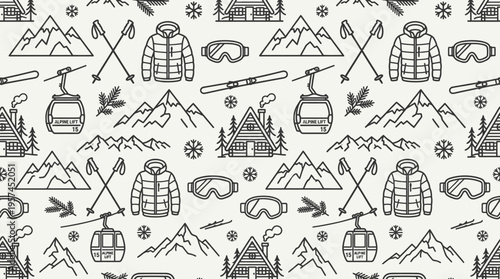 Seamless Pattern of Winter Ski Apparel and Resort Elements with Mountains on Light Cream Background