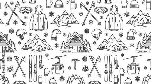 Seamless Pattern with Skiing and Mountaineering Gear Icons on Light Grey-Blue Background