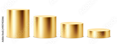 Vector collection of round golden pedestals or platforms of different heights for product presentation. Realistic and minimalistic mockup or template isolated on white background