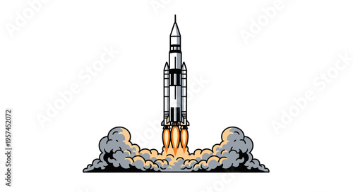 Cartoon rocket ship launching into space with flames and smoke