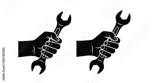 Two hands firmly gripping open end wrenches in a black and white illustration