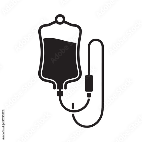 Simple black and white icon of an intravenous drip bag and tubing