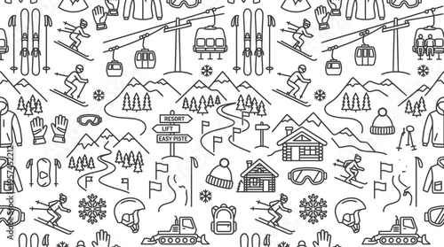 Seamless Pattern with Detailed Winter Ski Resort Scene and Activities on Pale Textured Background