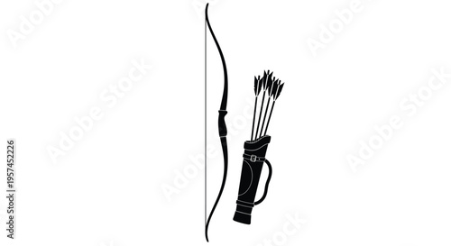 A black and white illustration of a bow and quiver of arrows