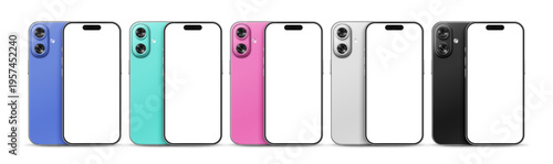 Vector illustration of modern mobile phones with camera, blank white screen, and cases in blue, teal, pink, white, and black color. Realistic mockup or template, isolated on white background