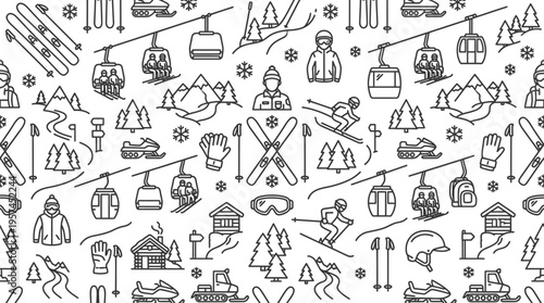 Seamless Pattern of Winter Ski Resort Icons and Skiers on Isolated White Background