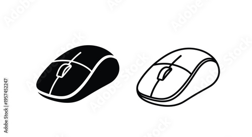 Two computer mice a solid black version and a white outline