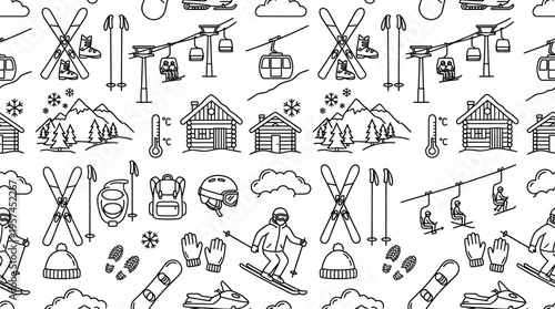 Lively Winter Ski Resort Scene Seamless Pattern with Snowshoes and Thermometer on White Background