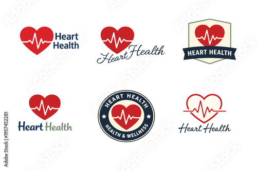 Heart health logos with red heartbeat symbols and wellness themes
