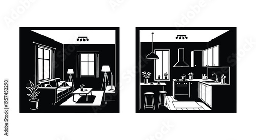 Black and white illustration of a living room and kitchen interior