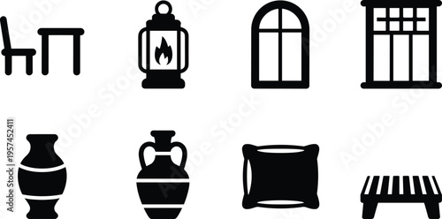 Furniture and decor icon set, chair table lantern window vase pillow bench black and white minimal vector illustration collection