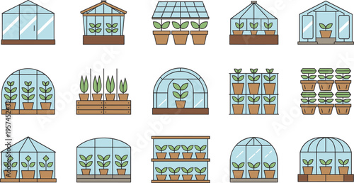 Greenhouse gardening icon set, indoor plants nursery glasshouse potted flora collection flat minimal vector illustration design for botanical lifestyle