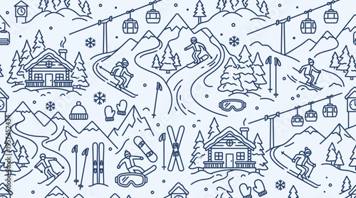Busy Winter Ski Resort Landscape Seamless Pattern with Active People on Light Gray Background