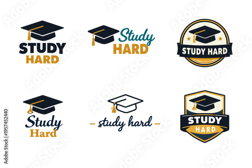 Graduation themed study hard logos with mortarboard designs