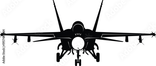 Fighter jet front view silhouette vector illustration, modern military aircraft landing position, air force combat plane design, aviation defense concept, isolated black jet artwork