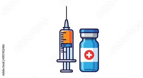 Cartoon illustration of a syringe and medicine vial with a red cross