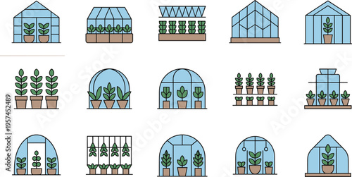 Greenhouse plant icon set, indoor gardening nursery glasshouse potted plants botanical flat minimal vector illustration collection modern design pack
