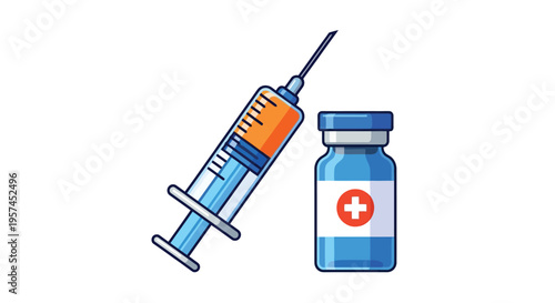Illustration of a syringe and a vial depicting medical injection