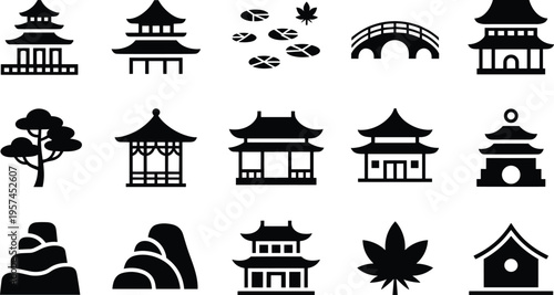 Japanese culture icon set, pagoda temple bridge bonsai tree mountains leaf traditional architecture flat black and white vector collection