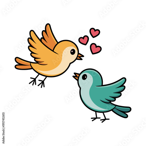 Two cartoon birds in love, sharing a romantic moment with hearts, colorful and cute, illustration, digital art, sweet, affectionate, bird love, heartwarming scene