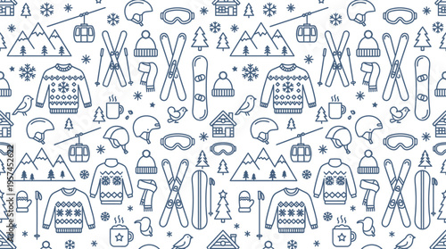 Detailed Winter Ski Vacation Seamless Pattern with Mountain Sports Gear on White Background