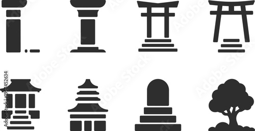 Japanese culture icon set, torii gate pagoda shrine monument tree traditional architecture black and white minimal vector illustration collection