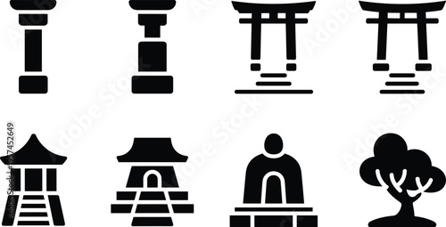 Japanese shrine icon set, torii gate pagoda statue zen garden elements traditional architecture black and white minimal vector collection