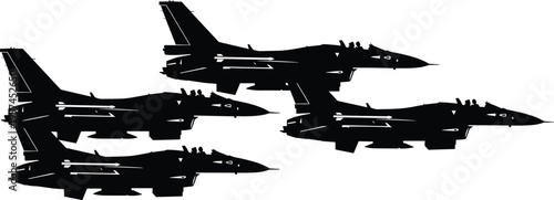 Modern fighter jet formation silhouette vector illustration, military aircraft squadron flying in formation, aviation design, defense concept, isolated black jet planes artwork