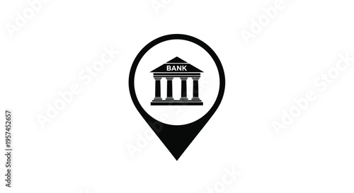 Black and white icon depicting a bank building within a location pin