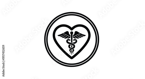Black and white medical symbol featuring a heart and caduceus within a circle
