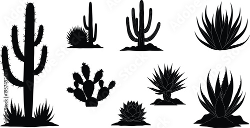 Desert cactus silhouettes, prickly pear and saguaro, agave and aloe plants, black vector icons, arid flora collection, botanical illustration, minimal design