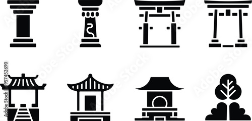 Japanese shrine icon set, torii gate temple column traditional architecture zen tree black and white minimal vector illustration collection