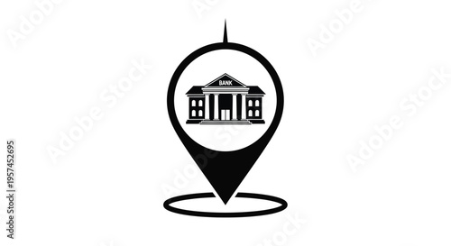 Black and white icon of a bank building within a location pin marker