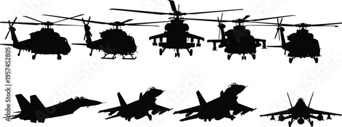 Military aircraft and helicopter silhouettes vector illustration, fighter jets and attack helicopters collection, aviation defense concept, air force fleet,  