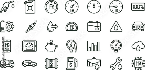 Fuel monitoring dashboard outline icon set featuring vehicle consumption analytics maintenance interface symbols for fleet management applications
