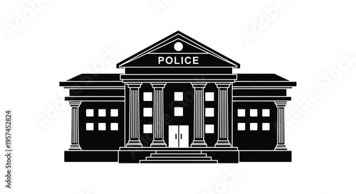Simple black and white illustration of a police station building facade