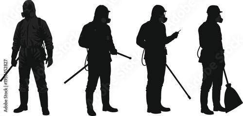 Disinfection illustration, protective suit, gas mask, chemical spraying, sanitation worker, safety equipment, hazardous material, pest control, industrial training, workplace safety
