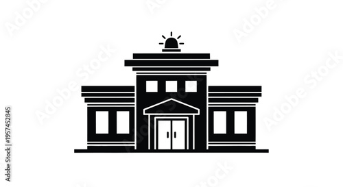 Simple black and white illustration of a police station building