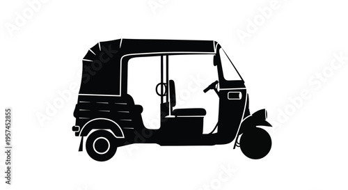 Black silhouette of a three wheeled auto rickshaw side view