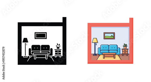 Cartoon living room interior shown in monochrome and full color versions