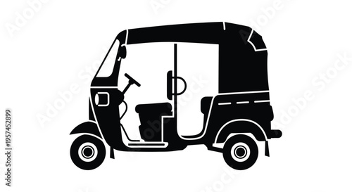 Black silhouette of a three wheeled auto rickshaw side view