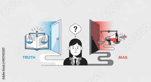 Media Bias Awareness Illustration, Person Analyzing Truth and Misinformation, Critical Thinking Business Concept Vector