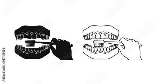 Illustration of human teeth being brushed with a toothbrush in two versions