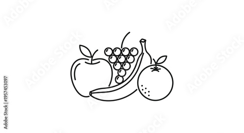 Simple line drawing of an apple grapes banana and orange