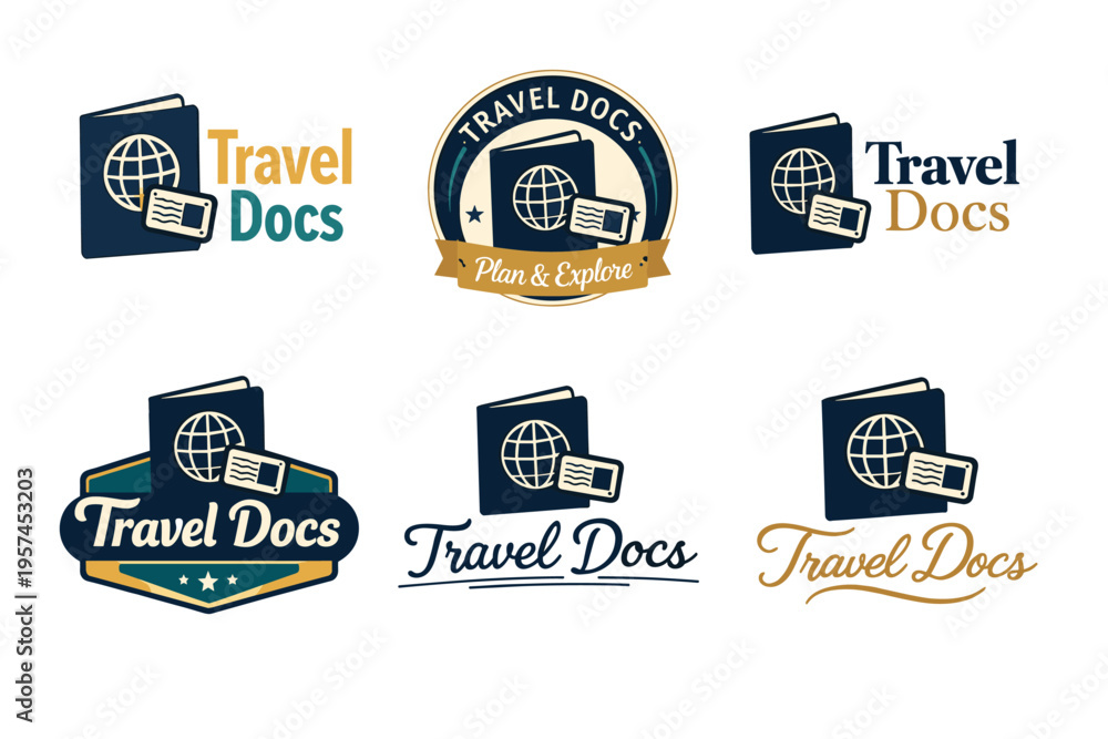 Obraz premium Travel docs logos: passport globe icons and travel ticket designs