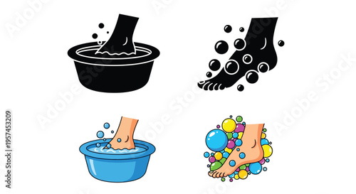 Foot soak illustrations black blue and colorful depictions of pedicures